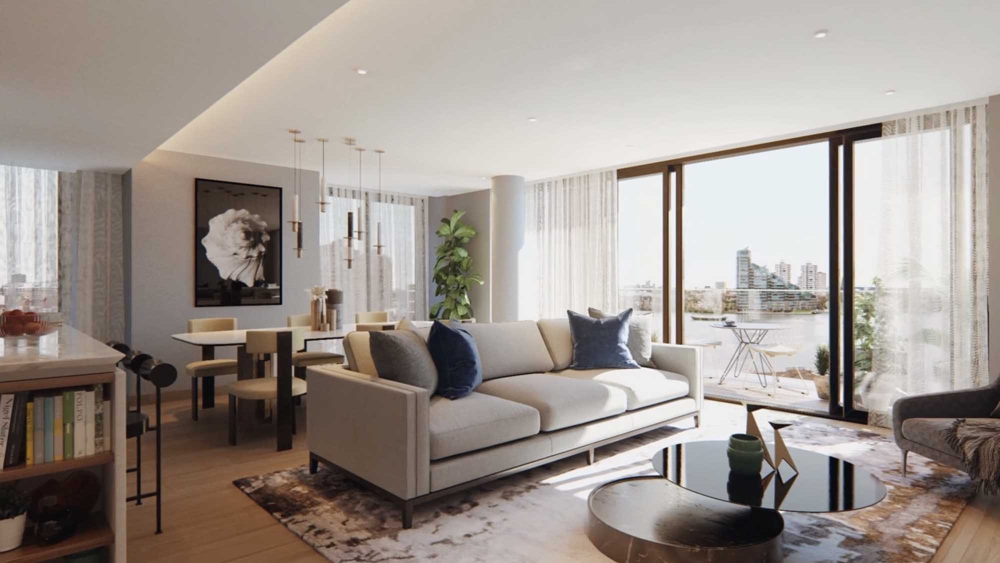 Living room in a new home at Powerhouse at Chelsea Waterfront CGI