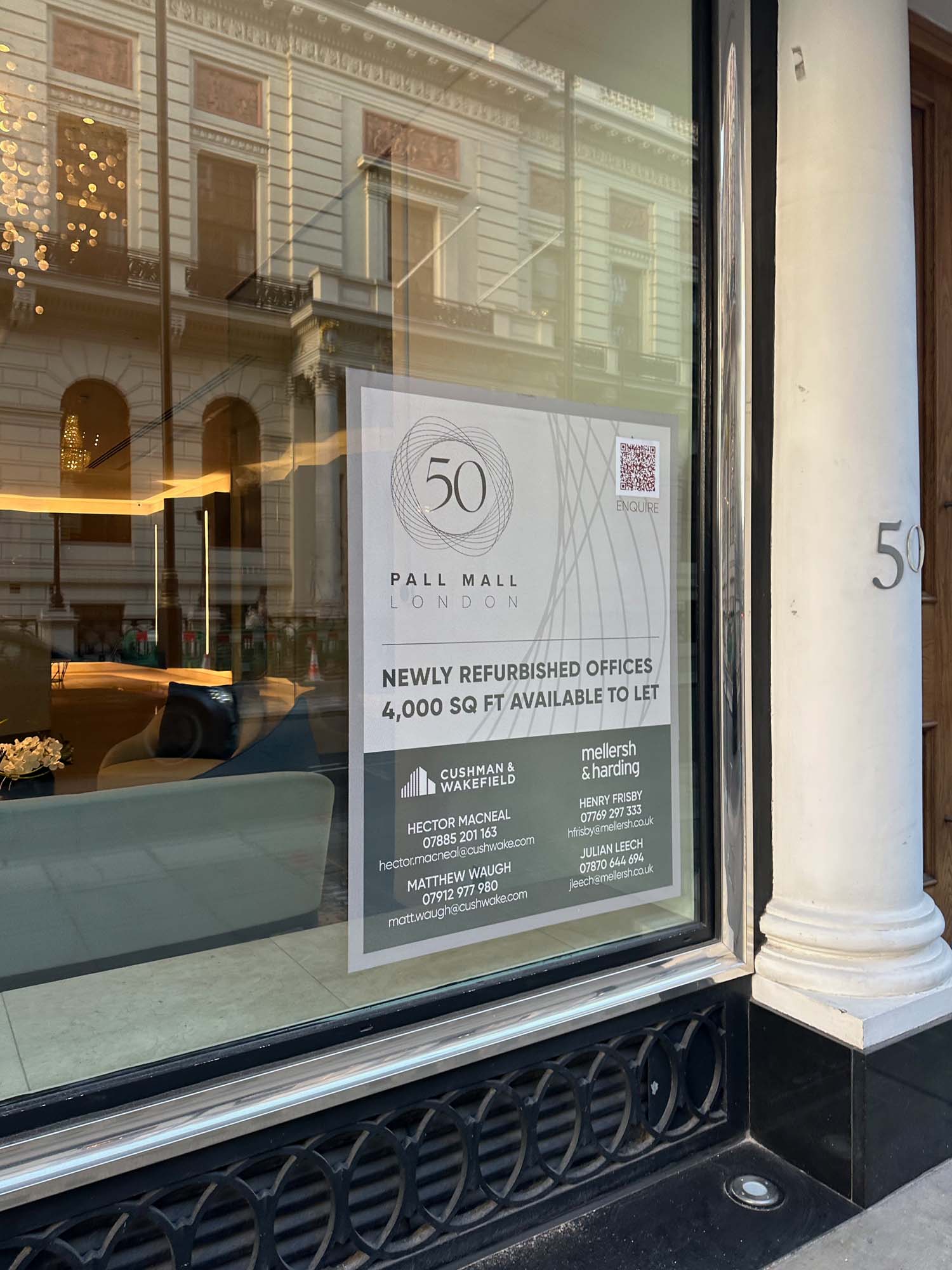 Newly refurbished offices to let at 50 Pall Mall
