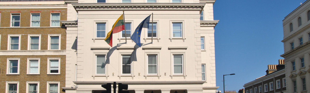 Embassy of Lithuania on the corner of Bessborough Gardens and Vauxhall Bridge Road in London SW1.
