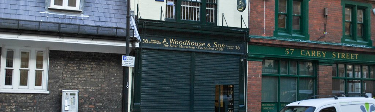 56 Carey Street building in 2011. A Woodhouse & Son - The Silver Mousetrap - Established in 1860 - Proprietor A Kidd