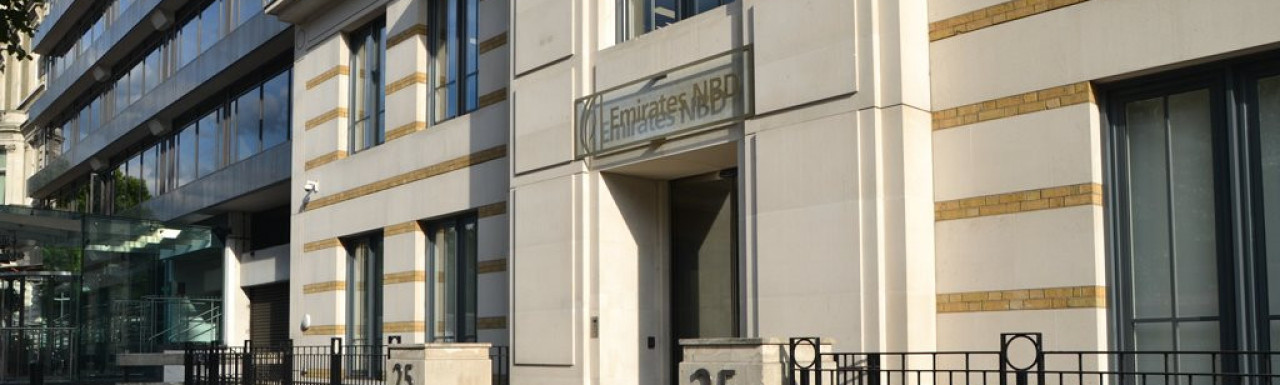 Entrance to 25 Knightsbridge office building across the road from Hyde Park in London SW1