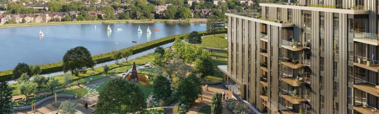 CGI of the Hartingtons at Woodberry Down facing the sailing lake; screen capture from the brochure at woodberry-down.co.uk