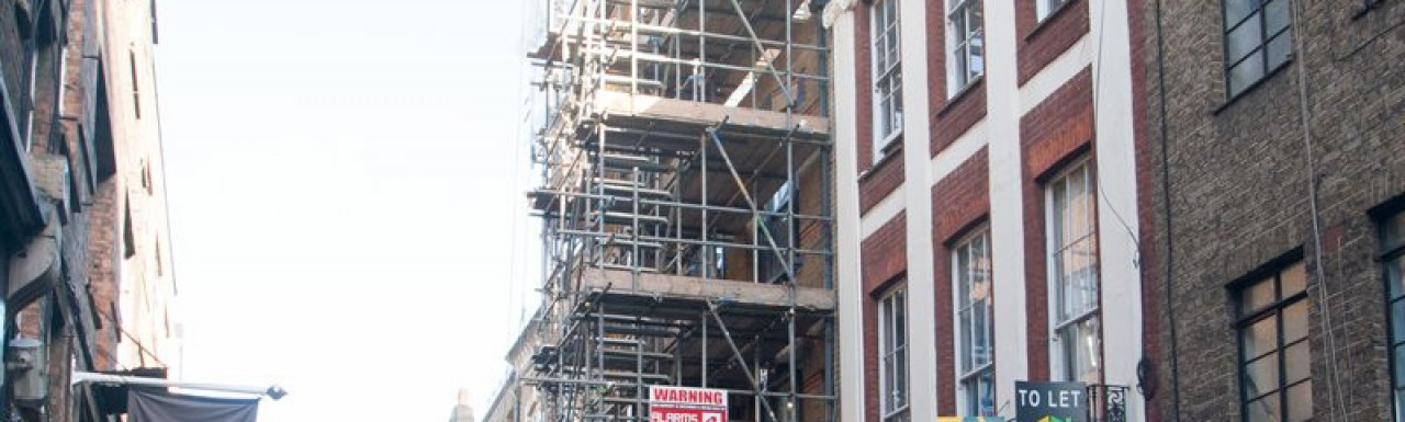 29 Hatton Wall building - To Let banners by Foxtons and SN Estates in 2014