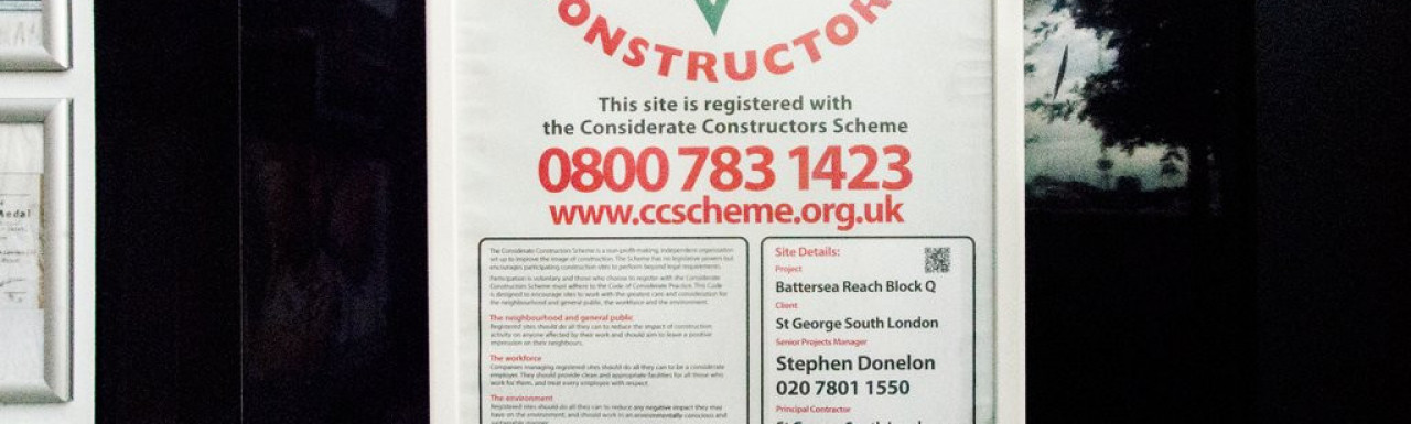 Battersea Reach Block Q Considerate Constructors scheme banner on site in 2014.