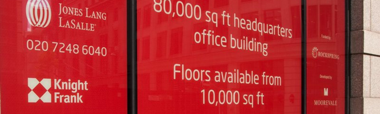 80,000 sq ft headquarters office building, floors available from 10,000 sq ft. 63stmaryaxe.com - Leasing agents Jones Lang LaSalle and Knight Frank. Developed by Moorvale, Funded by Rockspring, 63 St Mary Axe window in the summer of 2014.