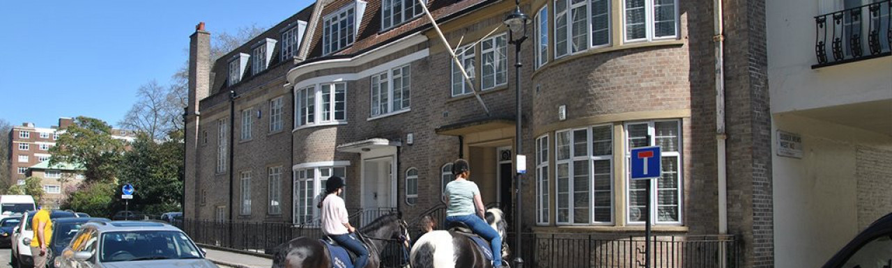 Horses in front of 9 Bathurst Street. The house is near Hyde Park Stables in Bayswater, London W2.