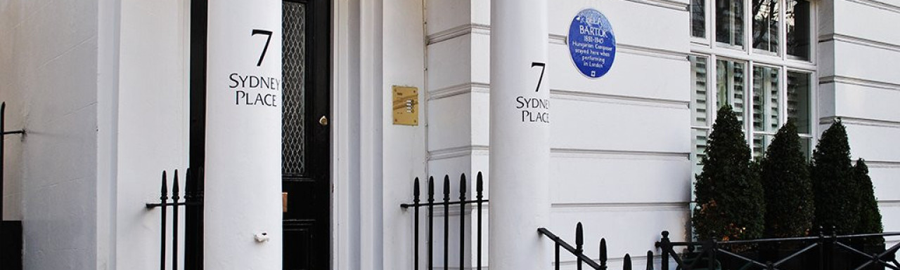 Entrance to 7 Sydney Place. Blue plaque: Béla Bartók 1881-1945 Hungarian Composer stayed here when performing in London.