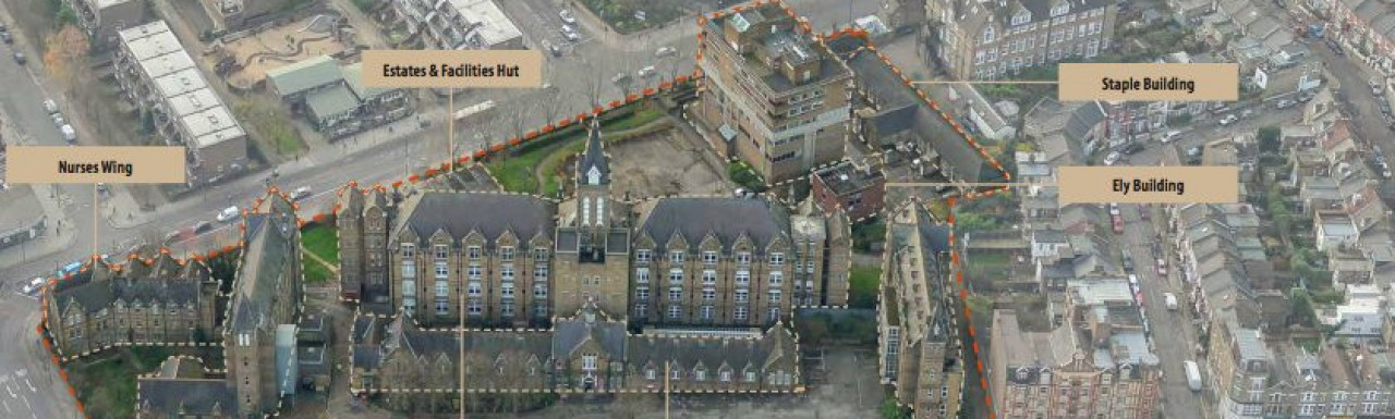 Site map of the existing buildings at the Archway Campus development site; screen capture from the exhibition boards at peabody.org.uk