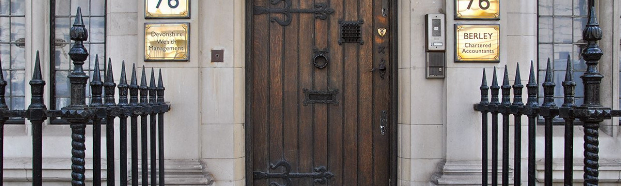 Devonshire Wealth Management and Berley Chartered Accountants;Entrance to 76 New Cavendish Street in Marylebone, London W1. 