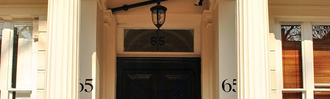 Entrance to 65 Westbourne Terrace building in Bayswater, London W2.