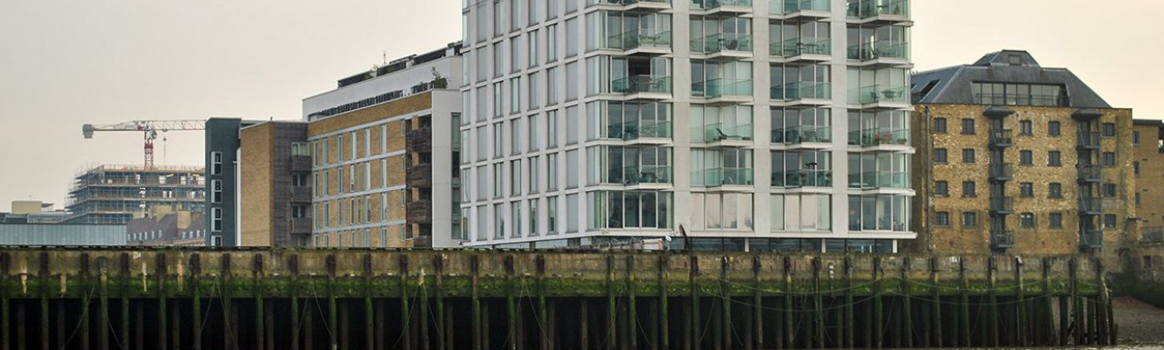 View to Luna House apartment building in Bermondsey from the River Thames.
