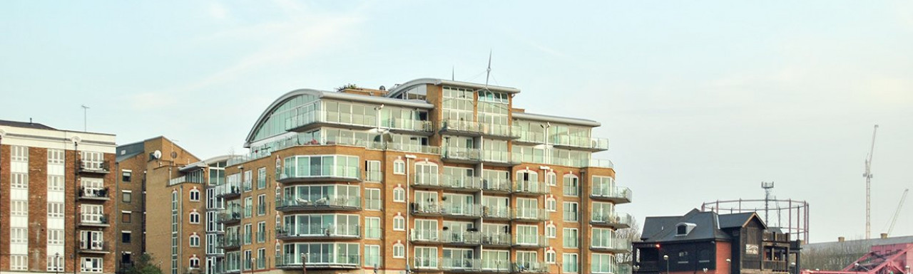 View to Pacific Wharf apartment building from the River Thames.