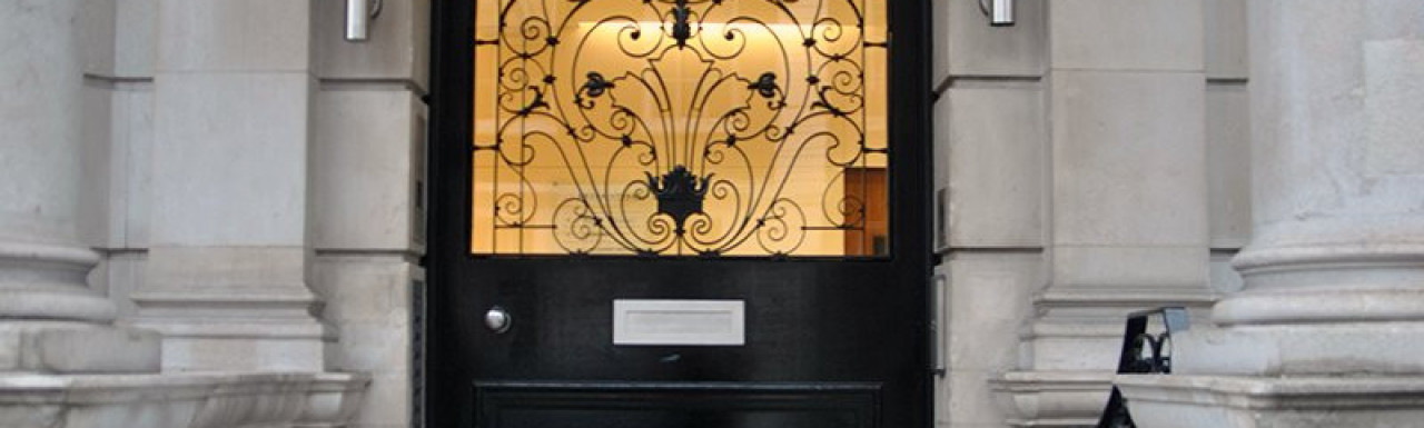 Entrance to 63 Brook Street building in Mayfair, London W1.