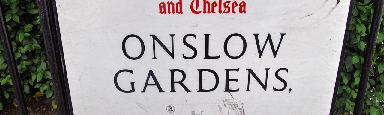 Onslow Gardens street sign in the Royal Borough of Kensington and Chelsea.