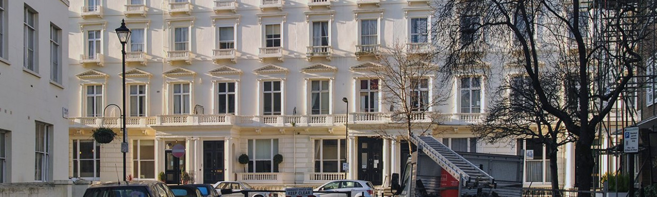 View from Cleveland Square to 43 Leinster Gardens terraced house in Bayswater, London W2.