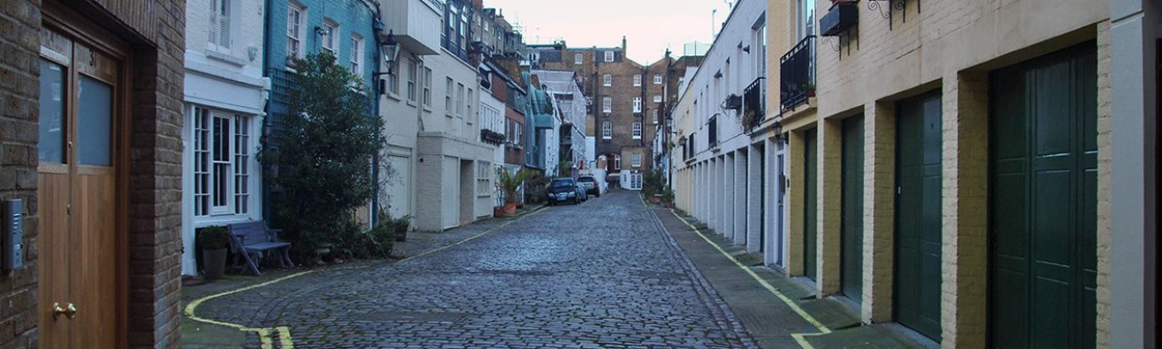 View to the cobbled Upbrook Mews in Bayswater.