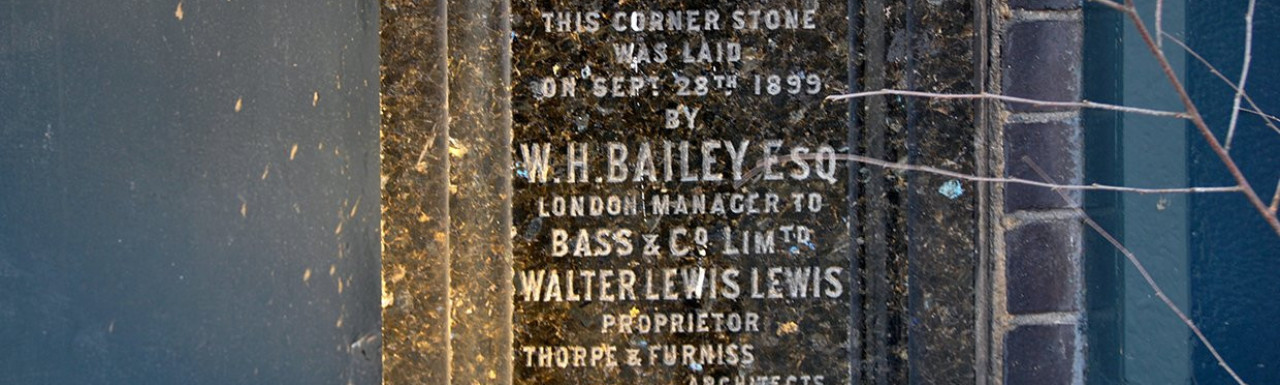 The Boston Hotel rebuilt 1899. This corner stone was laid on Sept 28th 1899 by B. H. Bailey Esq London Manager to Bass & Co Limtd. Walter Lewis proprietor. Thorpe & Furniss architects, Patman & Fotheringham builders.