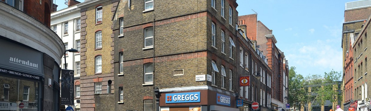 Greggs bakery on the corner of Portpool Lane and Leather Lane