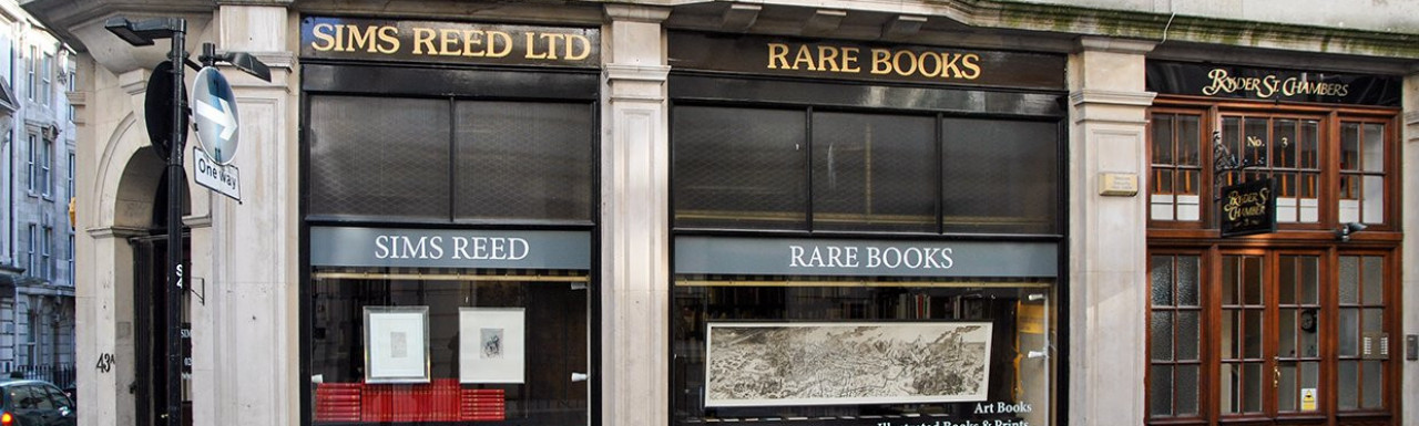 Sims Reed Rare Books windows and entrance to Ryder Street Chambers in London SW1.