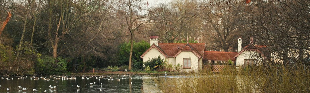 View to Duck Island Cottage from St James's Park Lake.