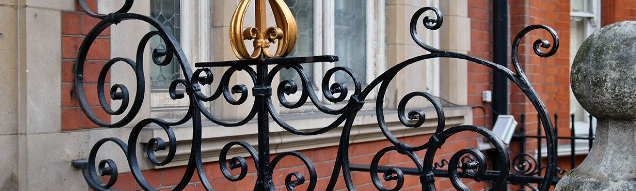 Ornate railings at 47 Queen Anne Street in Marylebone, London W1.