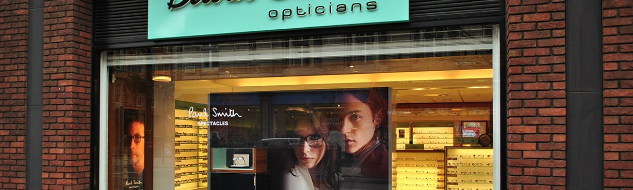 David Clulow opticians shop window at 41-43 Wigmore Street in Marylebone, London W1.