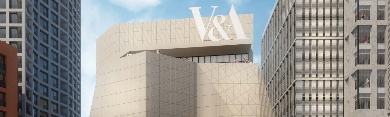 External render view of the new V&A museum at Stratford Waterfront, designed by O’Donnell + Tuomey. This is one of two sites planned for Queen Elizabeth Olympic Park as part of the V&A East project.  