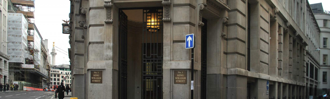Entrance to 1 King William Street office building on the corner of St Swithin's Lane.