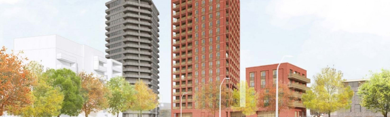 CGI of the planned residential buildings on site.