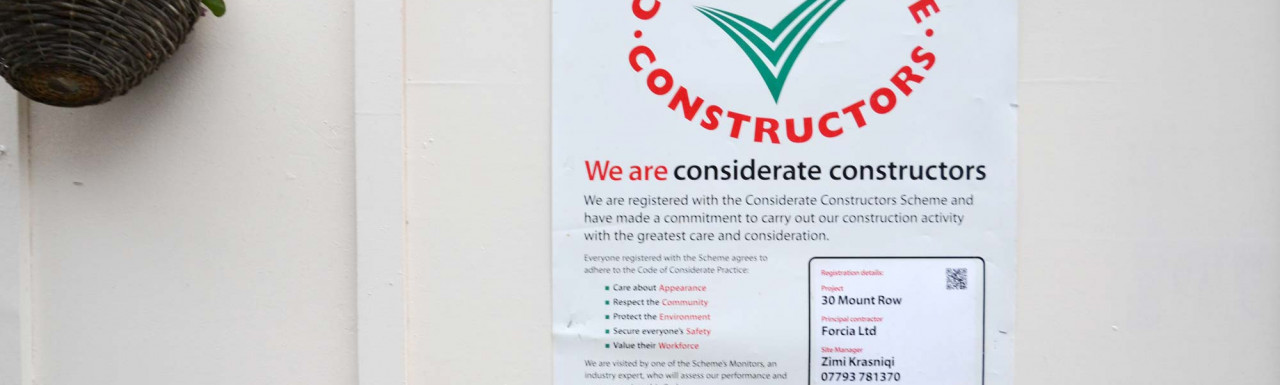 Considerate Constructors banner at 30 Mount Row in Mayfair, London W1.