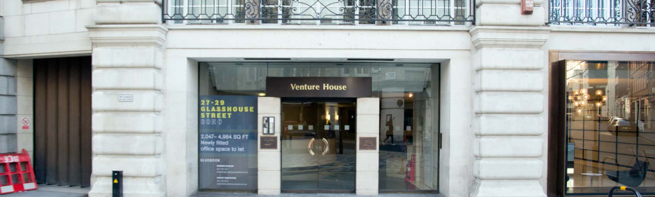 Venture House at 27-29 Glasshouse Street in Soho, London W1. 2,047-4,984 sq ft newly fitted office space to let by Bluebook in January 2019.