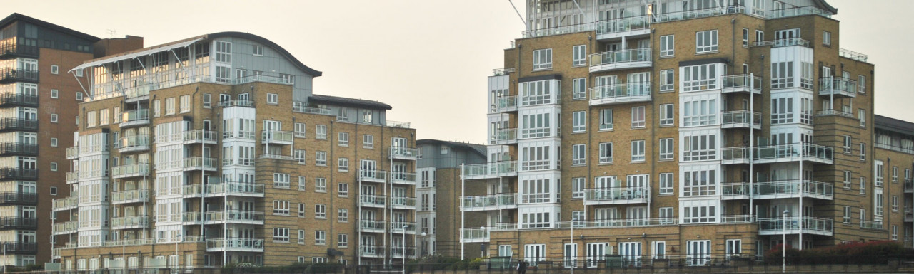 Two of the three apartment buildings at St Davids Square overlooking the River Thames