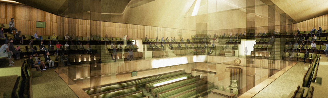 Indicative image of the proposed temporary House of Commons Chamber as viewed from the public gallery.  