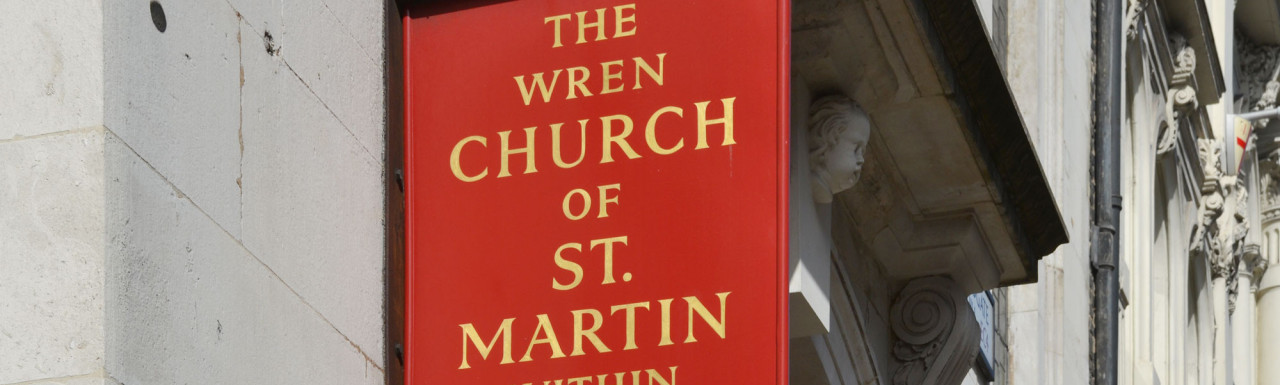 The Wren Church of St. Martin within Ludgate sign on Ludgate Hill.