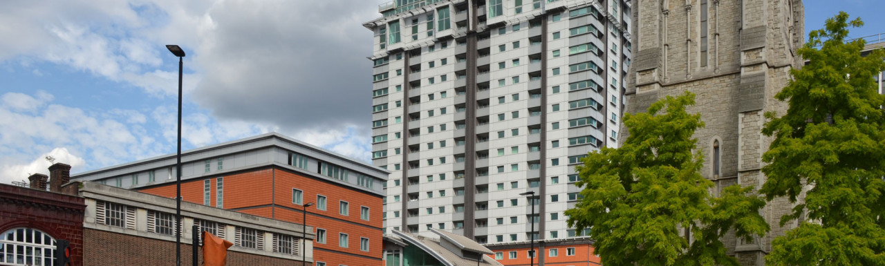 The Perspective apartment building at the background. Lambeth North station to the left, Oasis Church and Centre to the right.  