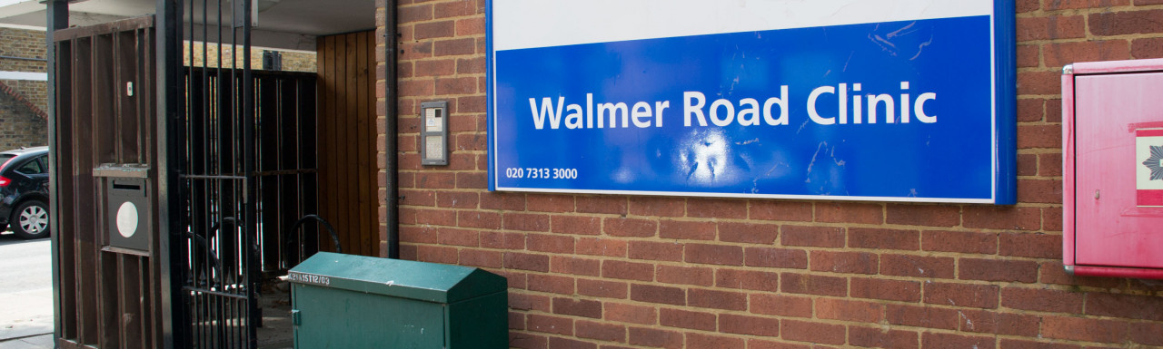 Entrance to Walmer Road Clinic on Walmer Road, London W10.