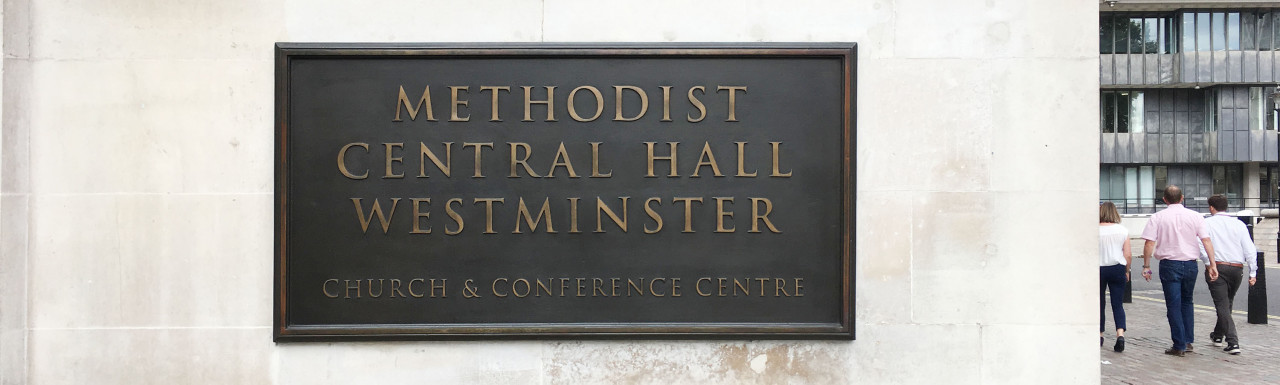 Methodist Central Hall Westminster sign on the building.
