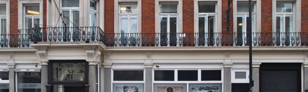 Sothebys windows at 1-2 St George Street in Mayfair, London W1.