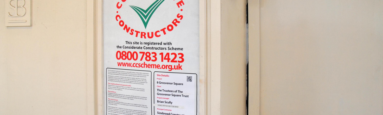 Considerate Constructors scheme poster at 8 Grosvenor Square.