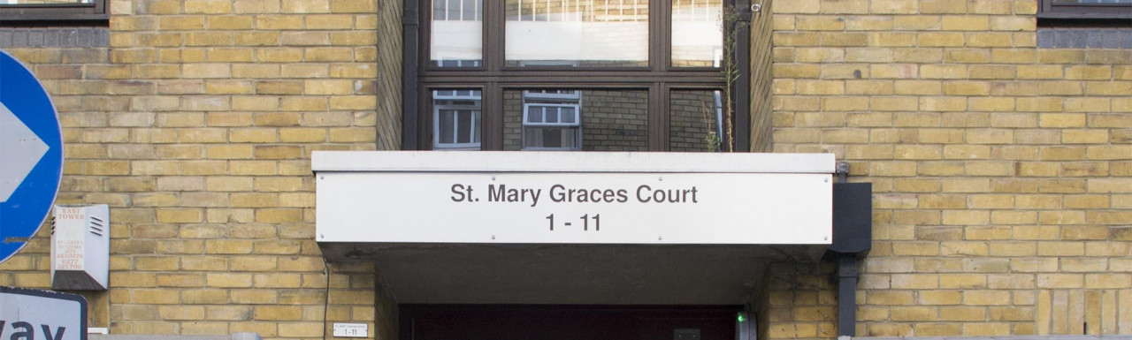 Entrance to St. Mary Graces Court apartments on Cartwright Street in London E1.