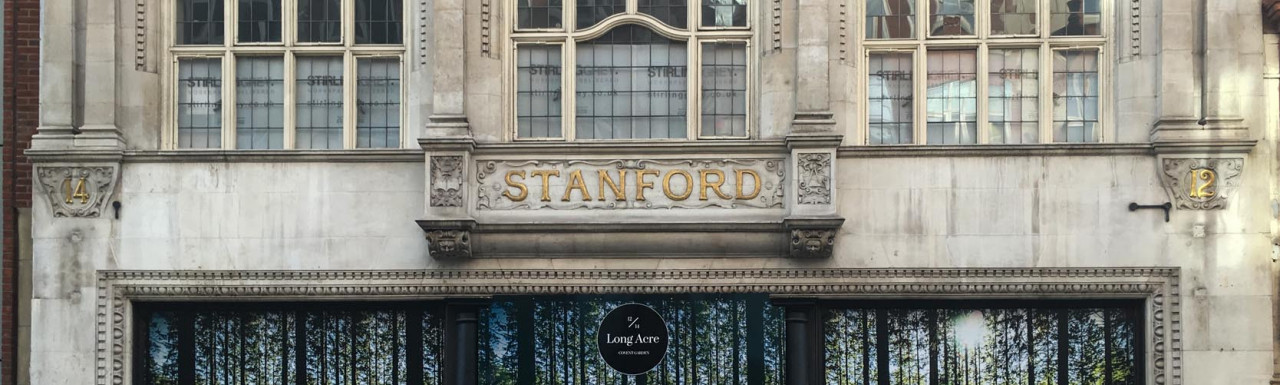 Stanfords sign at 12-14 Long Acre building in Covent Garden, London WC2.