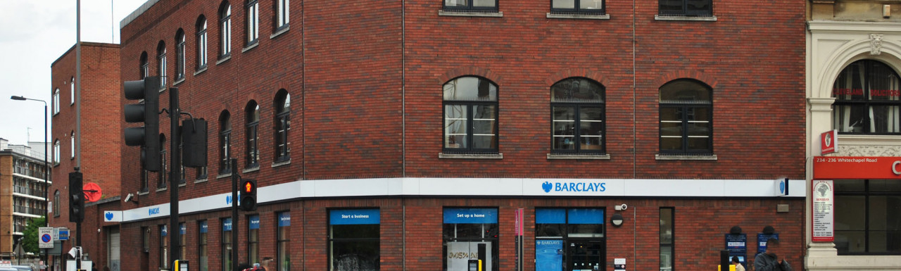 Barclays bank at 240 Whitechapel Road in London E1.