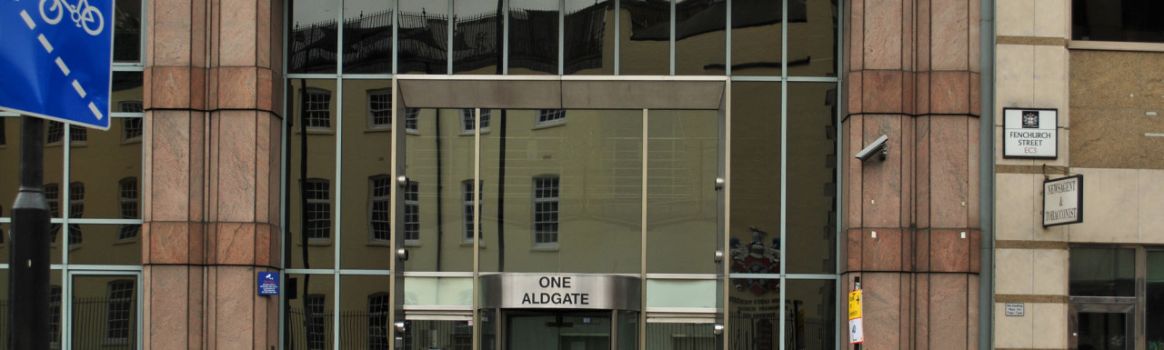 Entrance to One Aldgate office building on Aldgate High Street in London EC3.