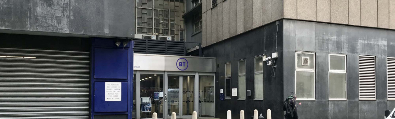 Visitor entrance to BT Tower at 60 Cleveland Street in Fitzrovia, London W1.