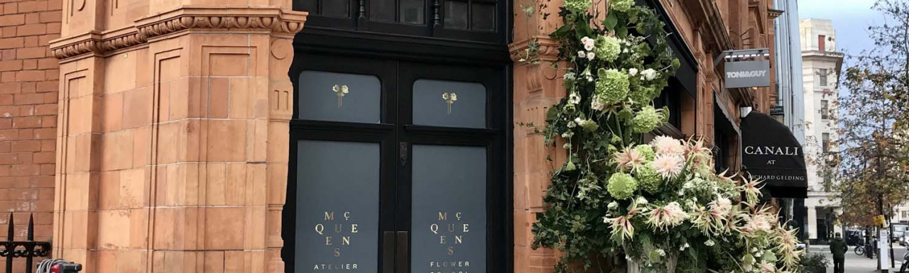 Entrance to McQueen Atelier Flower School at 1 Green Street & 29 North Audley Street in Mayfair, London W1.Entrance to McQueens Atelier Flower School at 1 Green Street & 29 North Audley Street in Mayfair, London W1.