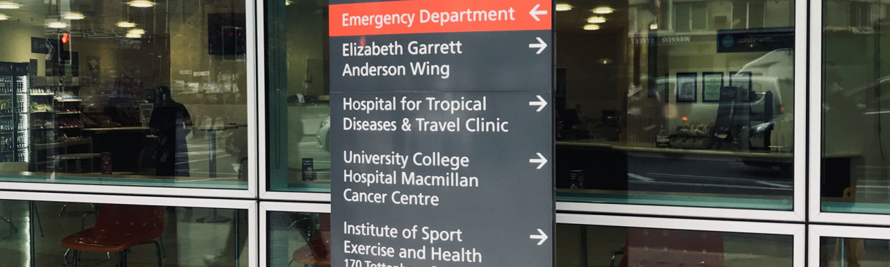 University College Hospital signage on Tottenham Court Road.