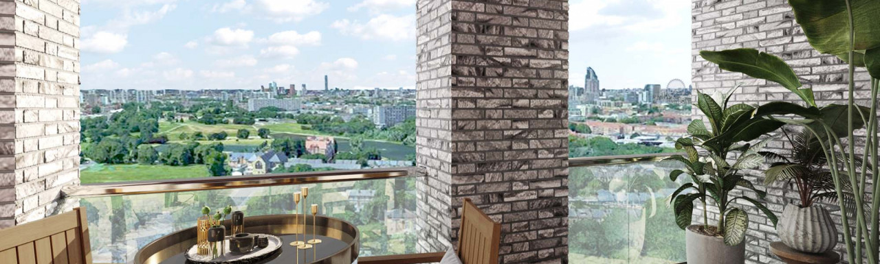 CGI view from the balcony of an apartment at Burgess Park View development.