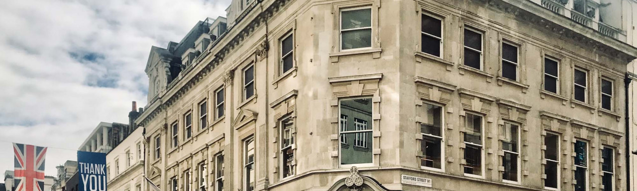 The building sits on the corner of Old Bond Street and Stafford Street.