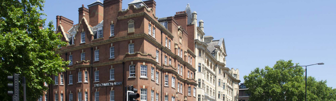 The Church Army sign on the front elevation of Bradbury House at 1-5 Cosway Street. View from Marylebone Road.
