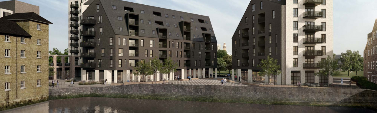 CGI Town Quay Wharf development from River Roding. Buildings designed by PRP Architects contain 147 new build homes.